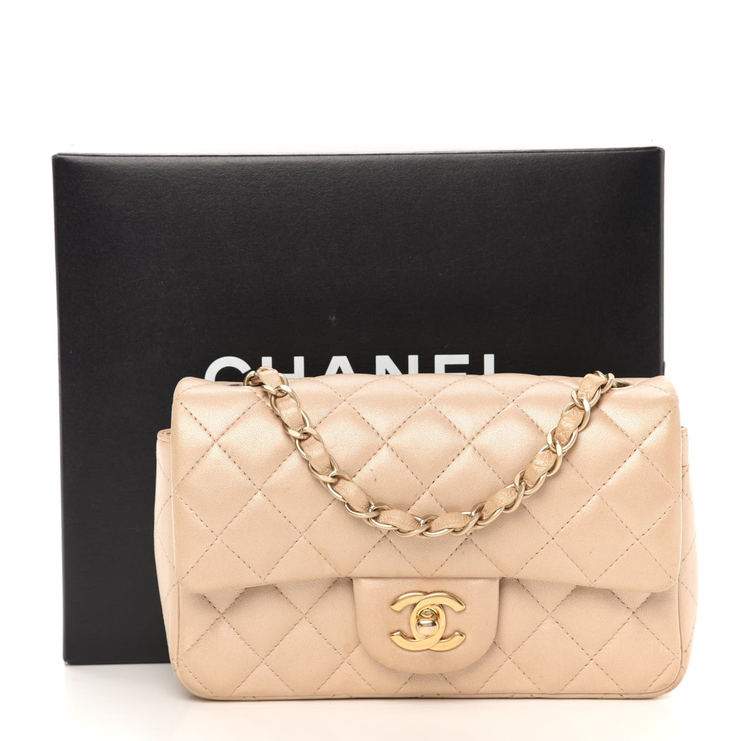Chanel Metallic Lambskin Quilted Mini Rectangular Flap Beige 14 of 14
