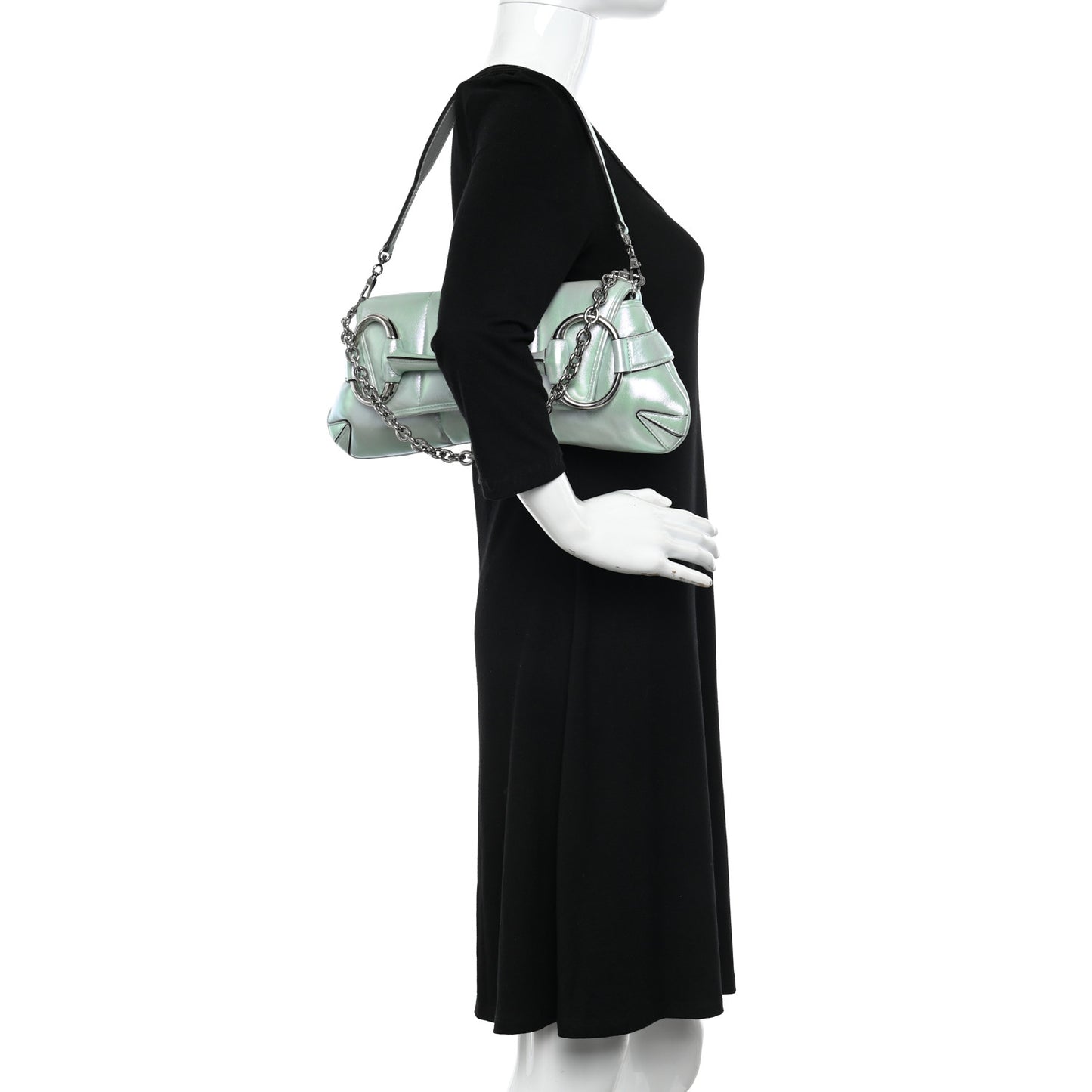 Iridescent Nappa Vertical Matelasse Medium Maxi Horsebit Chain Shoulder Bag Iridescent Salvy Green