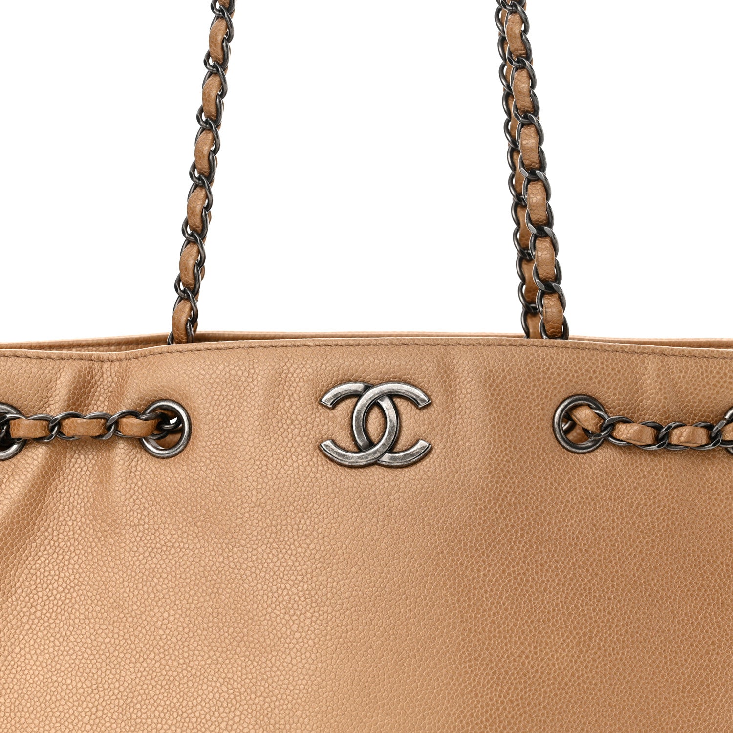 Chanel Metallic Grained Calfskin Woven Chain Medium Shopping Tote Beige 8 of 14