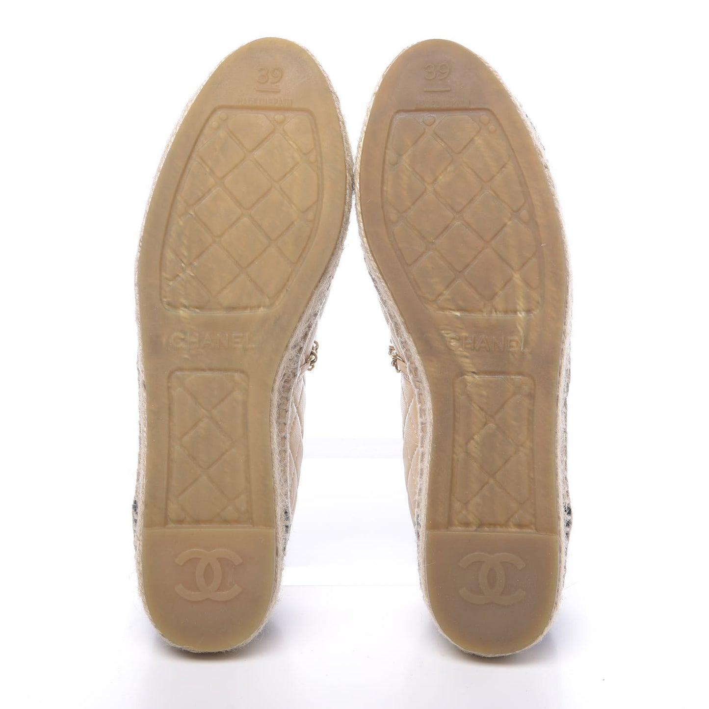 Lambskin Grosgrain Quilted CC Chain Espadrilles 39 Beige Black