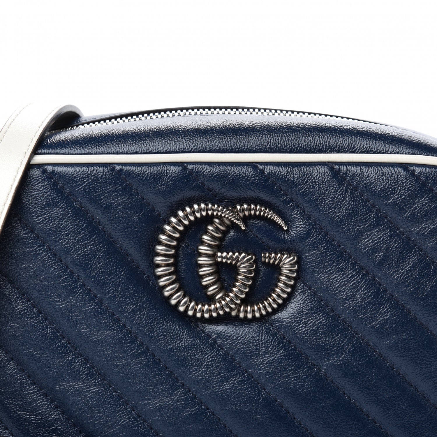 Gucci Vintage Effect Calfskin Matelasse Diagonal Small Torchon GG Marmont Chain Shoulder Bag Blue Agata Mystic White 13 of 14
