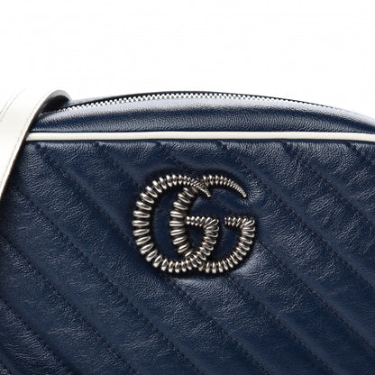 Gucci Vintage Effect Calfskin Matelasse Diagonal Small Torchon GG Marmont Chain Shoulder Bag Blue Agata Mystic White 13 of 14