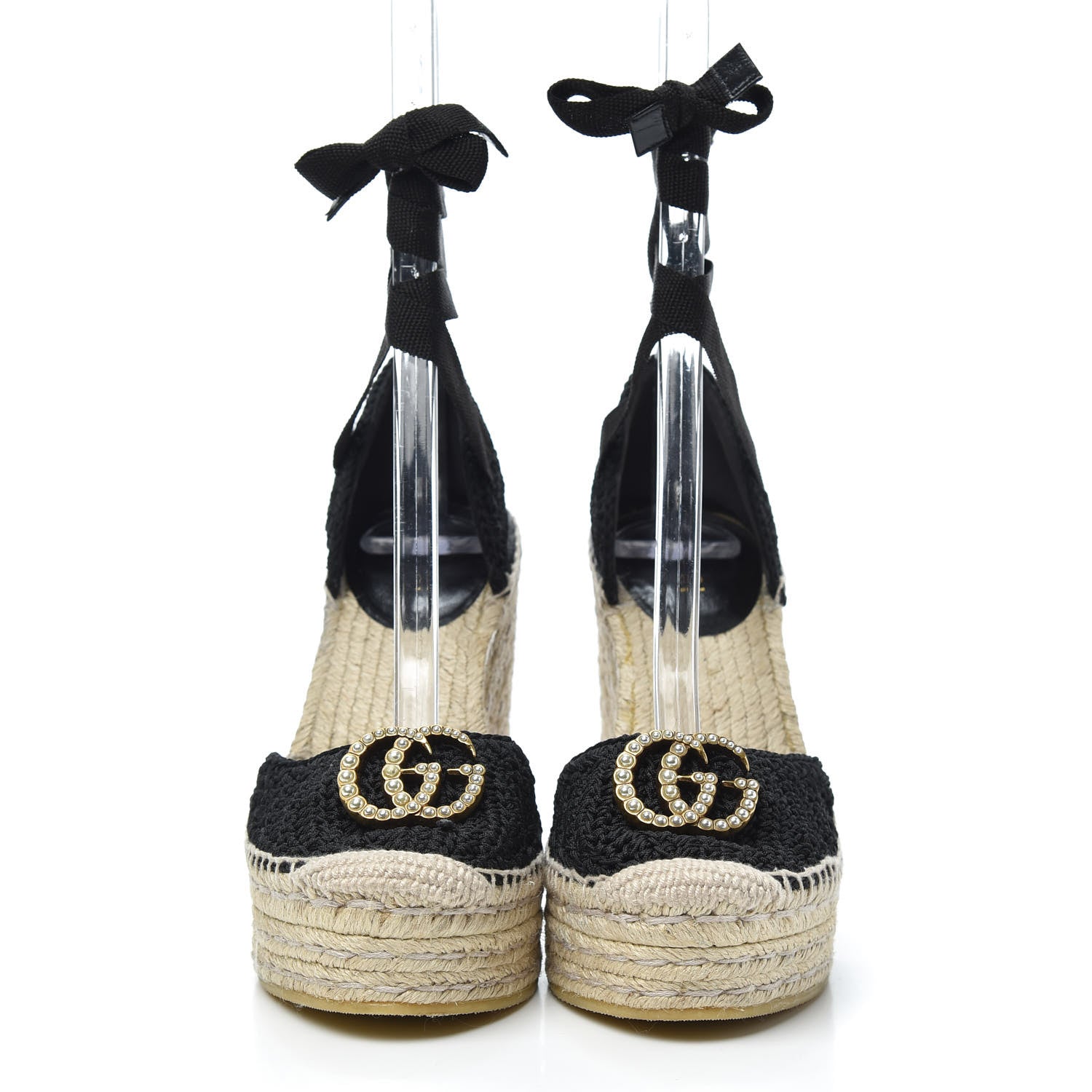 Gucci Cotton Crochet Pearly GG Ankle Wrap Platform Espadrille Wedges 35 Black 2 of 6