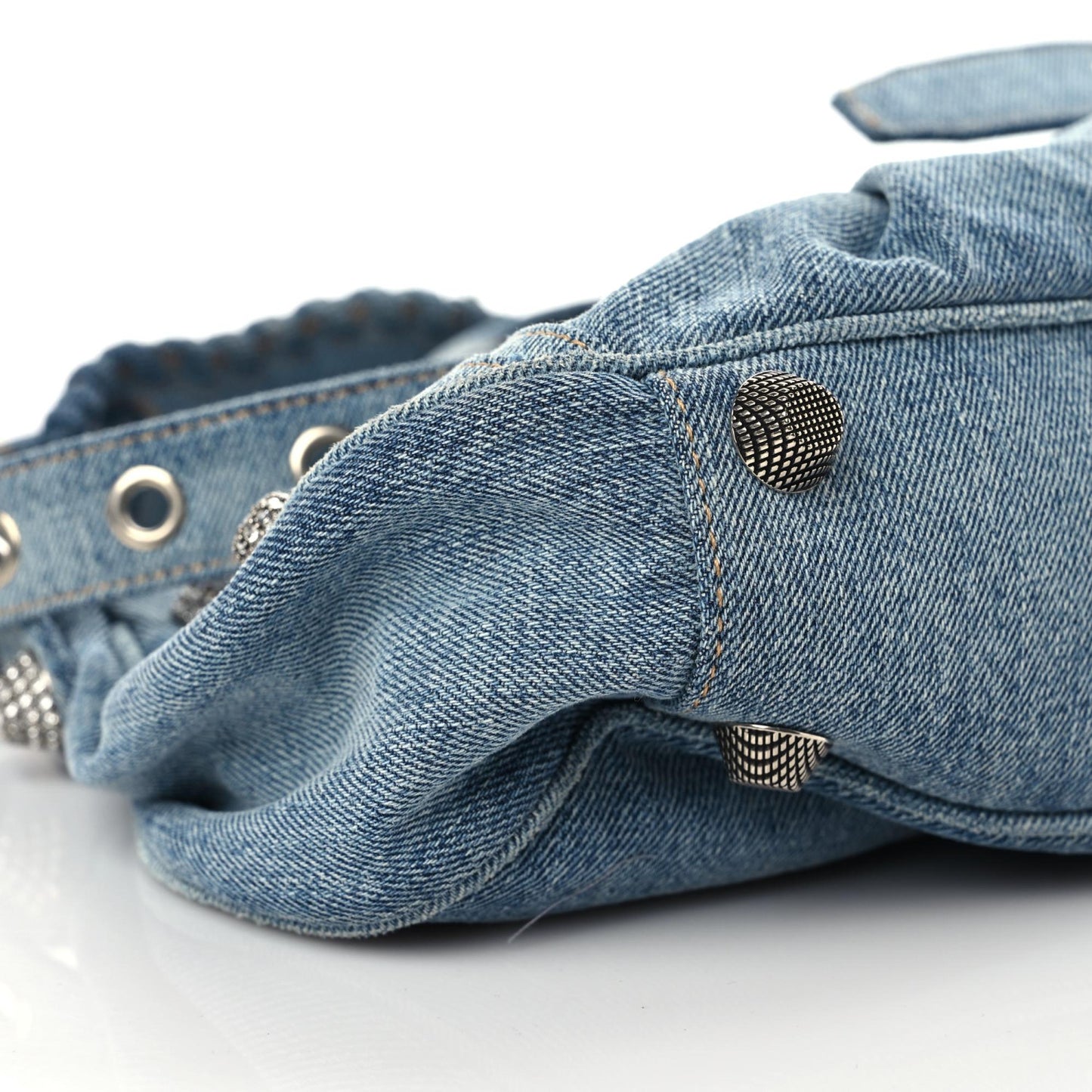 Washed Frayed Denim Crystal Small Le Cagole Shoulder Bag Blue