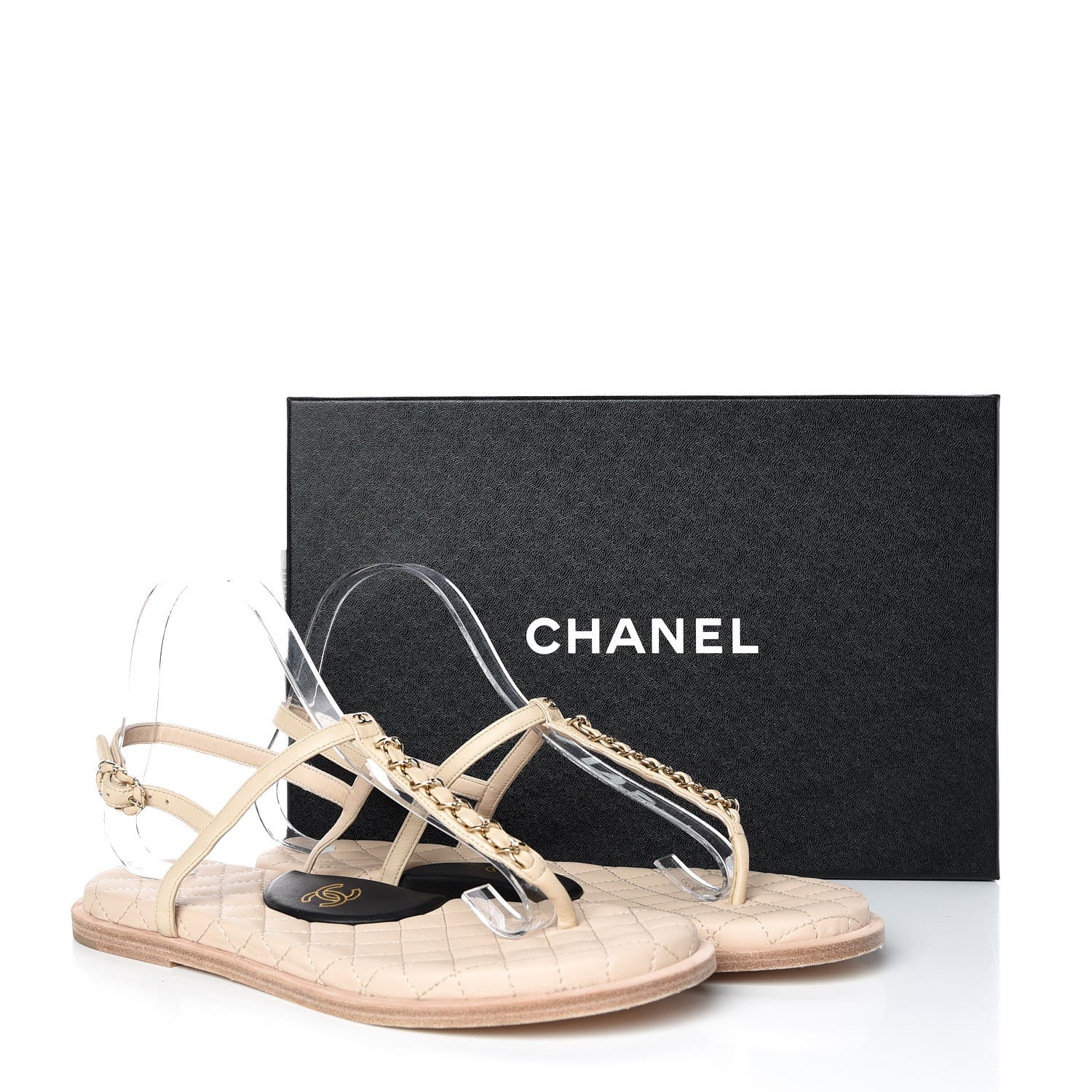Chanel Lambskin CC Chain Thong Sandals 39 Beige Black 10 of 10