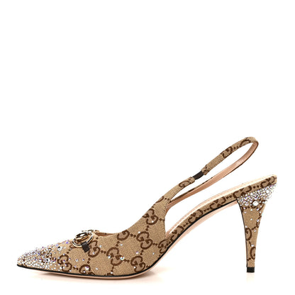 Gucci Canvas GG Monogram Horsebit Slingback Pumps 41 Beige Ebony Cocoa 1 of 9