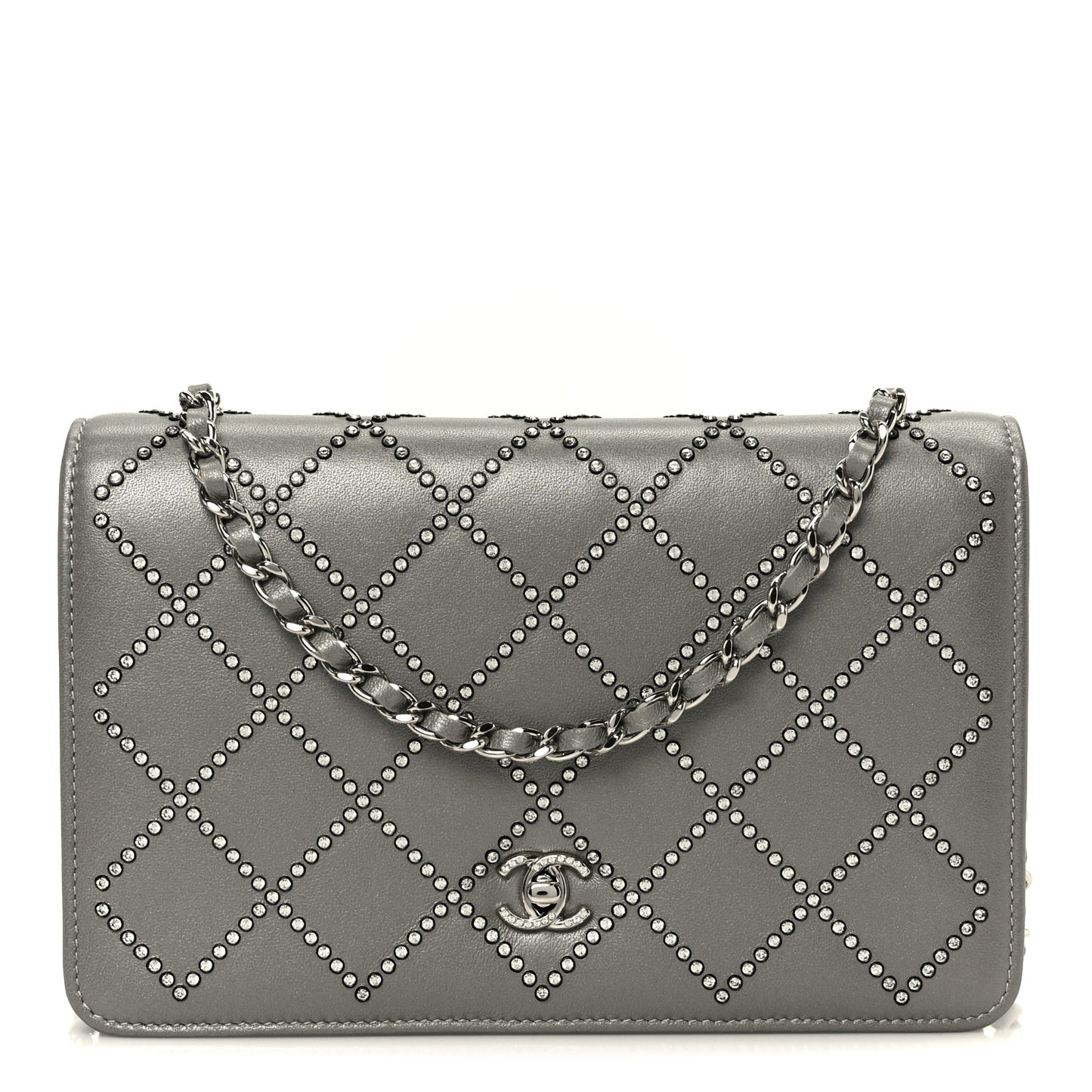 Lambskin Crystal Quilted Wallet On Chain WOC Grey