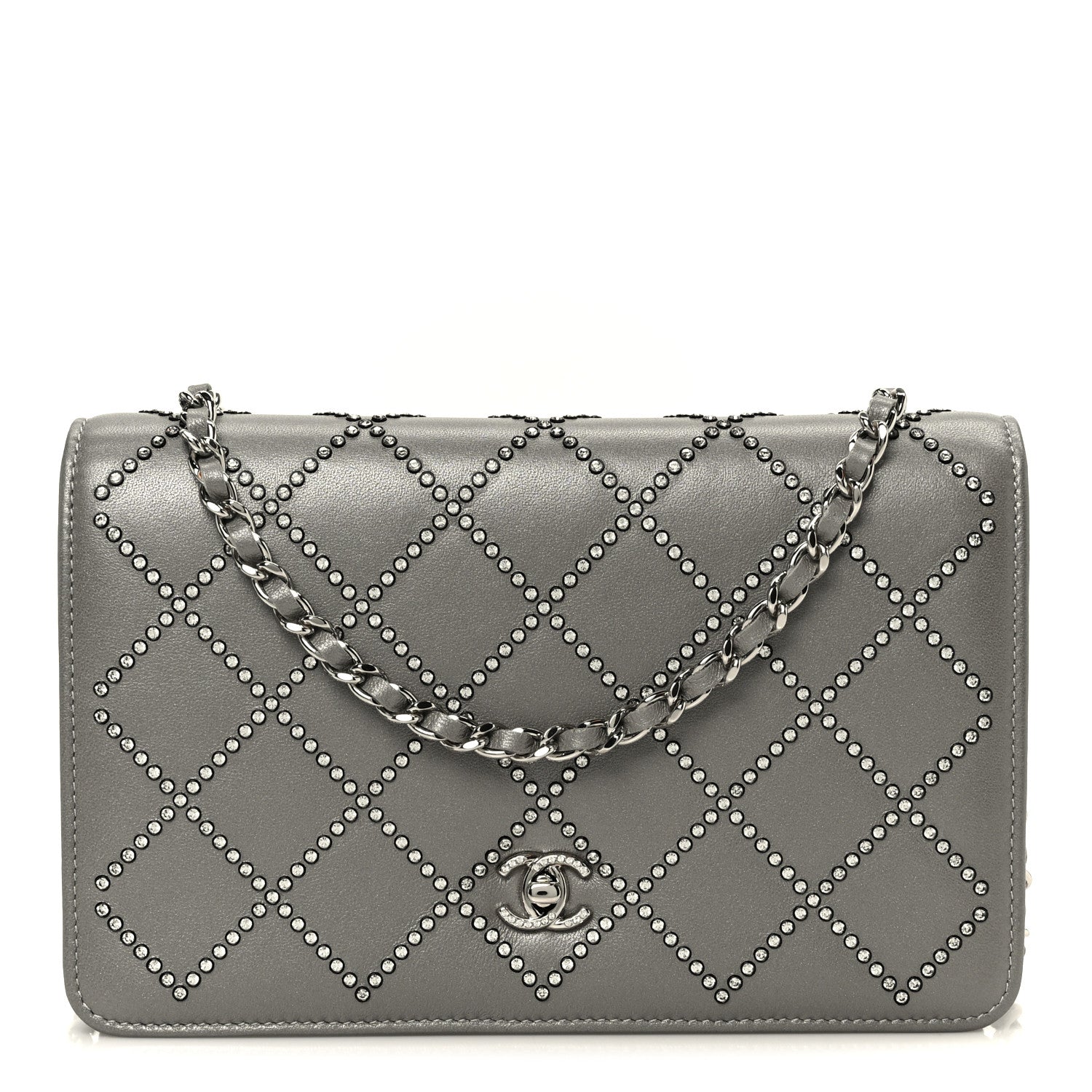 Chanel Lambskin Crystal Quilted Wallet On Chain WOC Grey 1 of 12