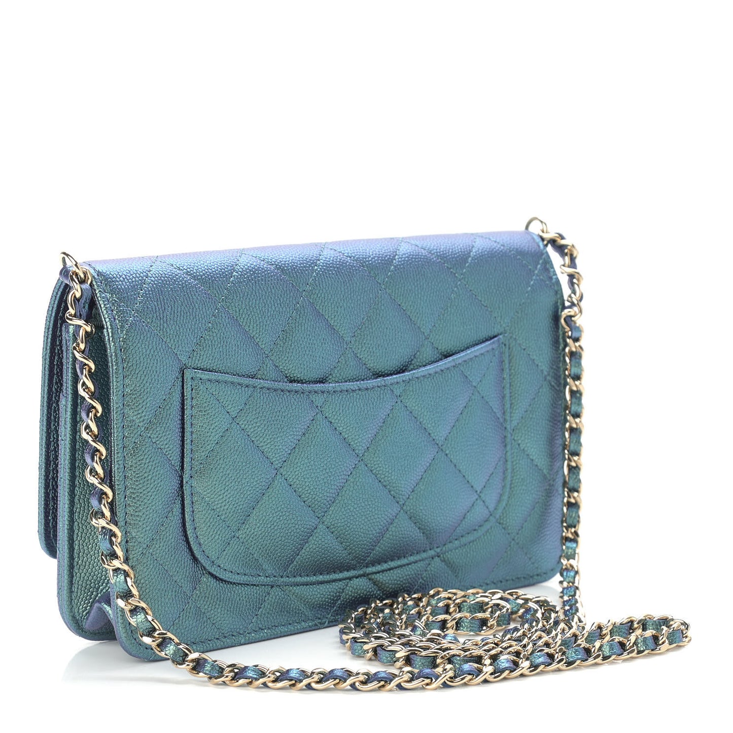 Iridescent Caviar Quilted Wallet On Chain WOC Green
