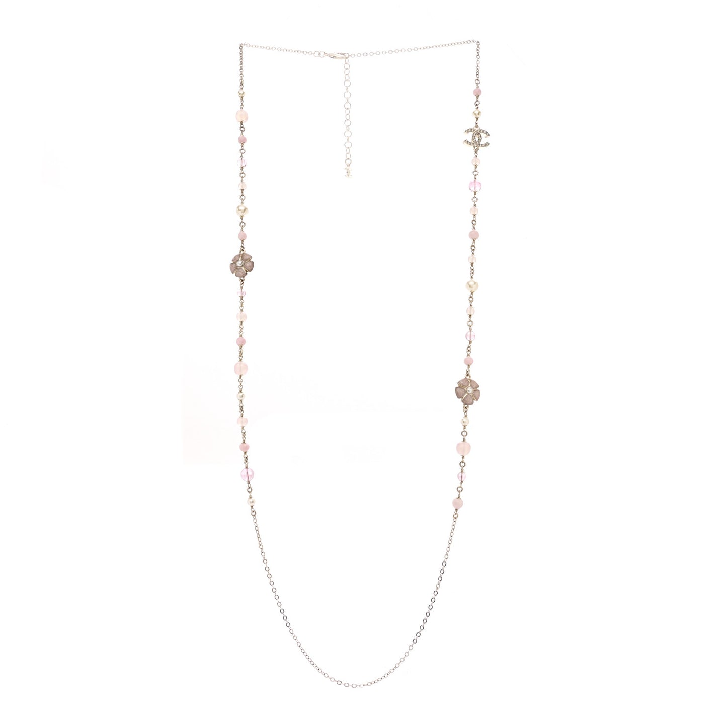Pearl Crystal Bead CC Flower Long Necklace Gold Pearly White Pink Crystal