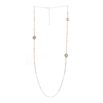 Chanel Pearl Crystal Bead CC Flower Long Necklace Gold Pearly White Pink Crystal 3 of 7
