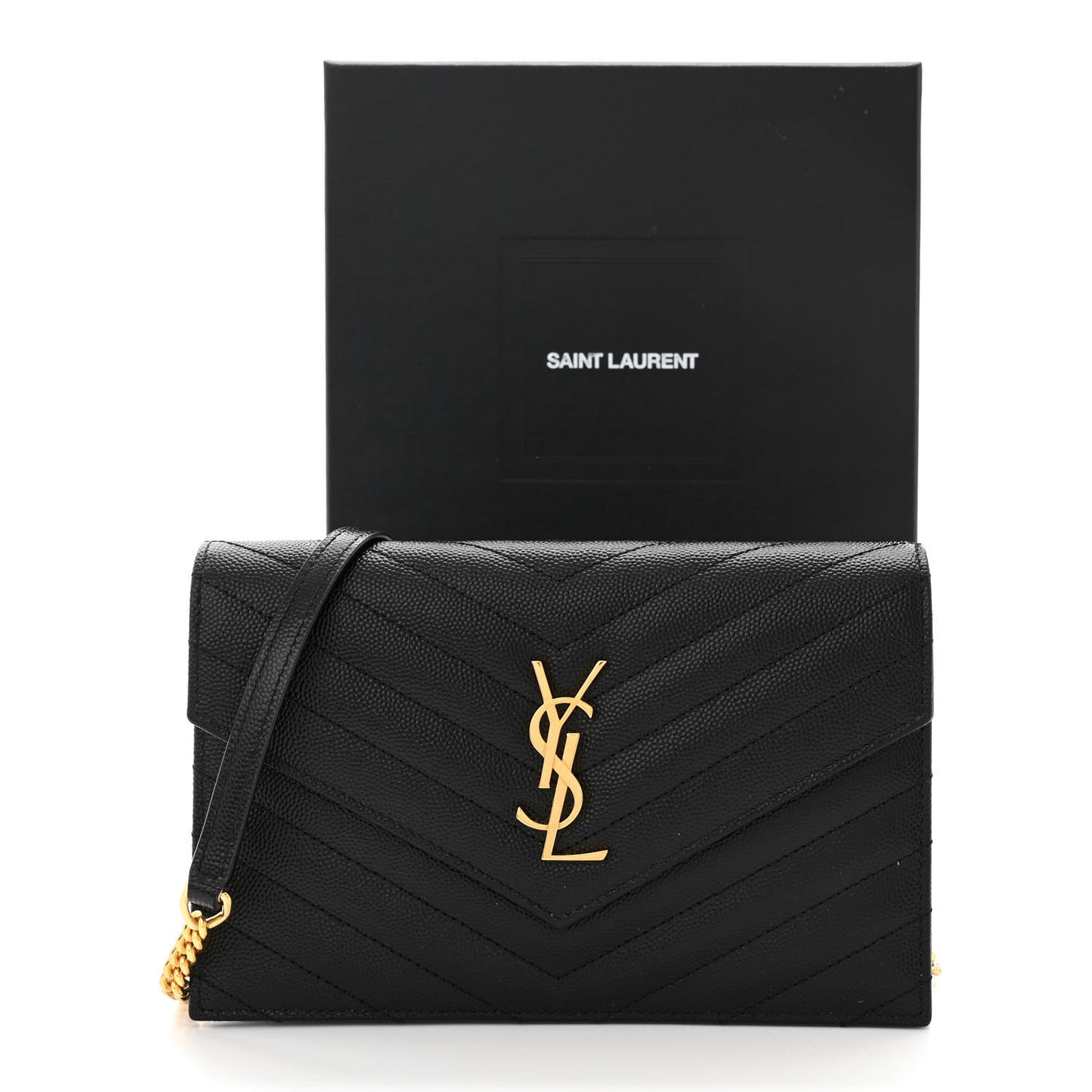 Grain De Poudre Matelasse Chevron Monogram Envelope Chain Wallet Black