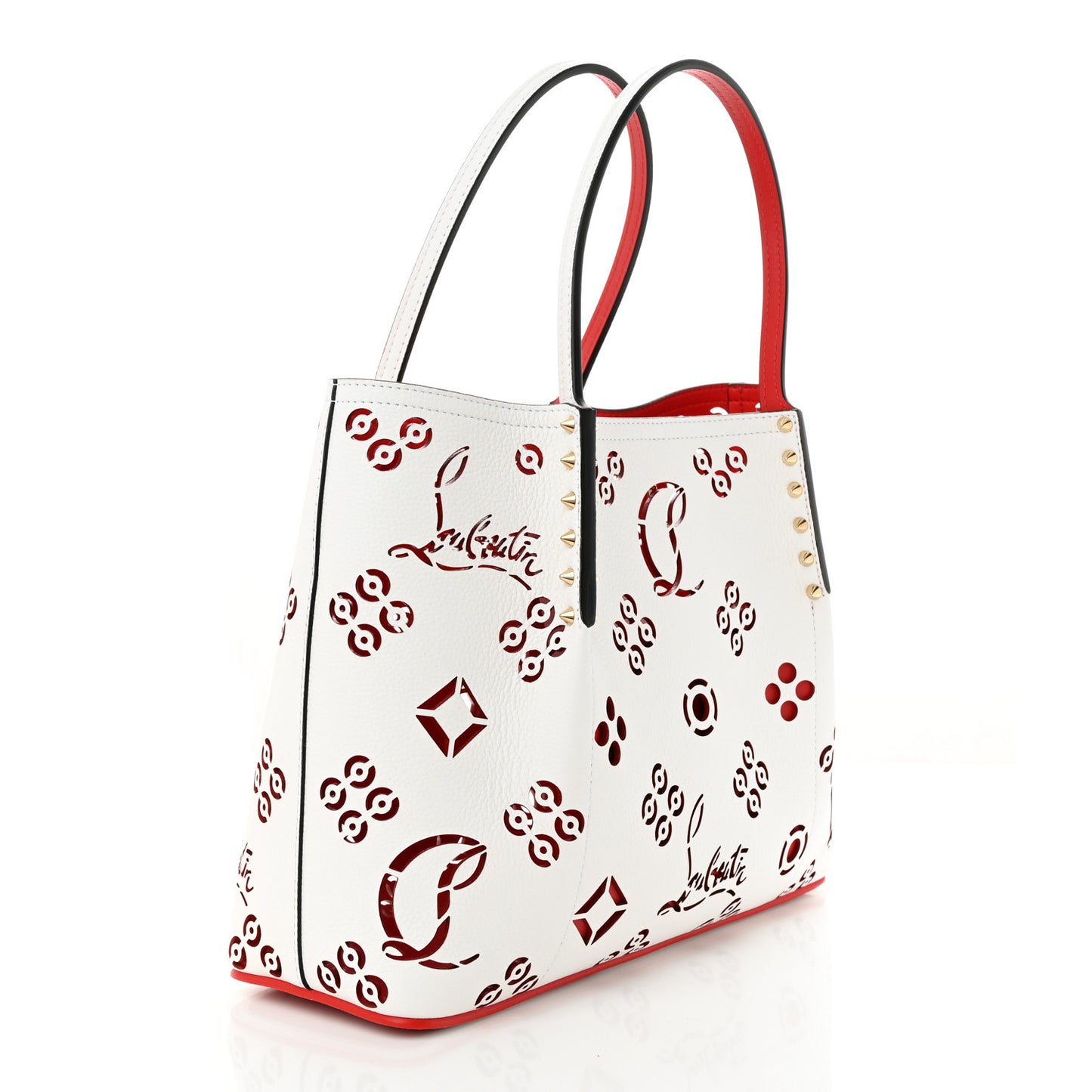 Calfskin Loubinthesky Small Perforated Cabarock Spikes Tote Snow