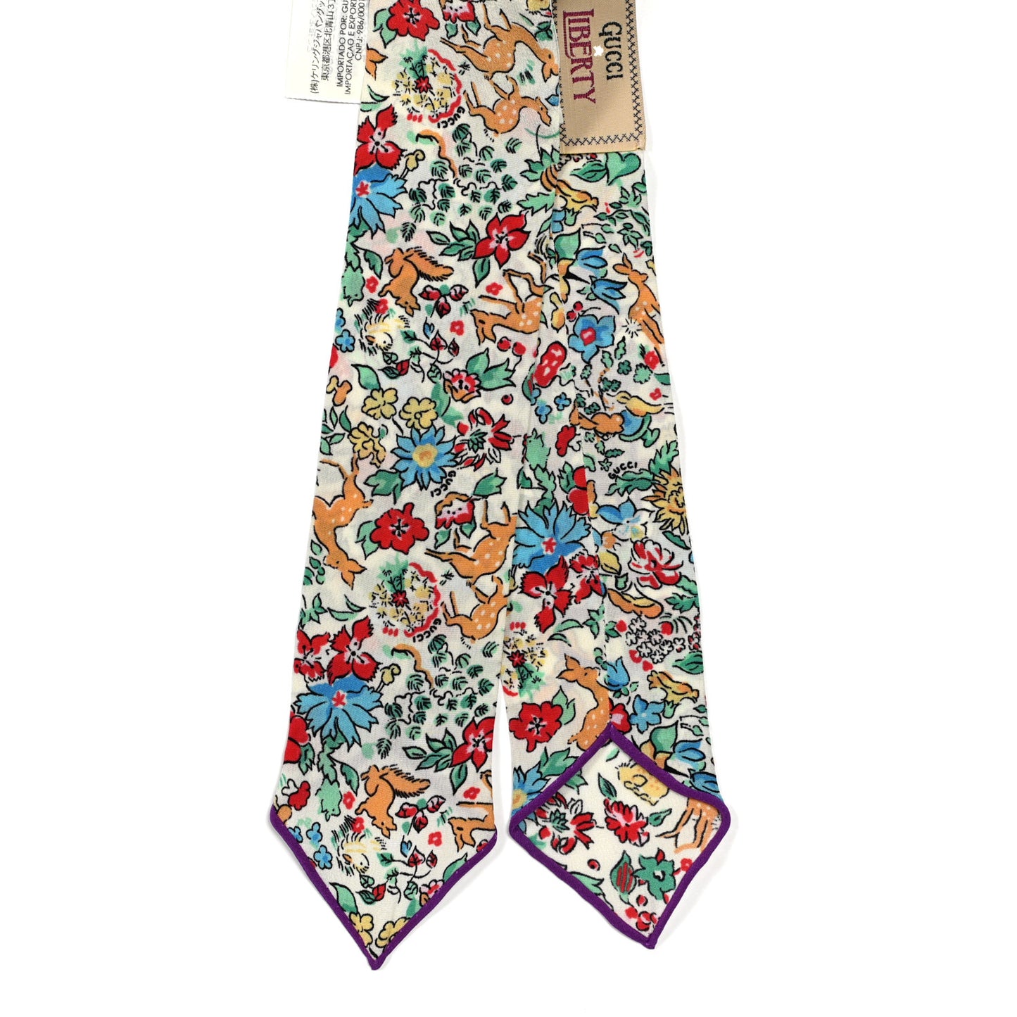 X LIBERTY OF LONDON Silk Floral Fawn Print Neck Bow Scarf Multicolor Purple Ivory