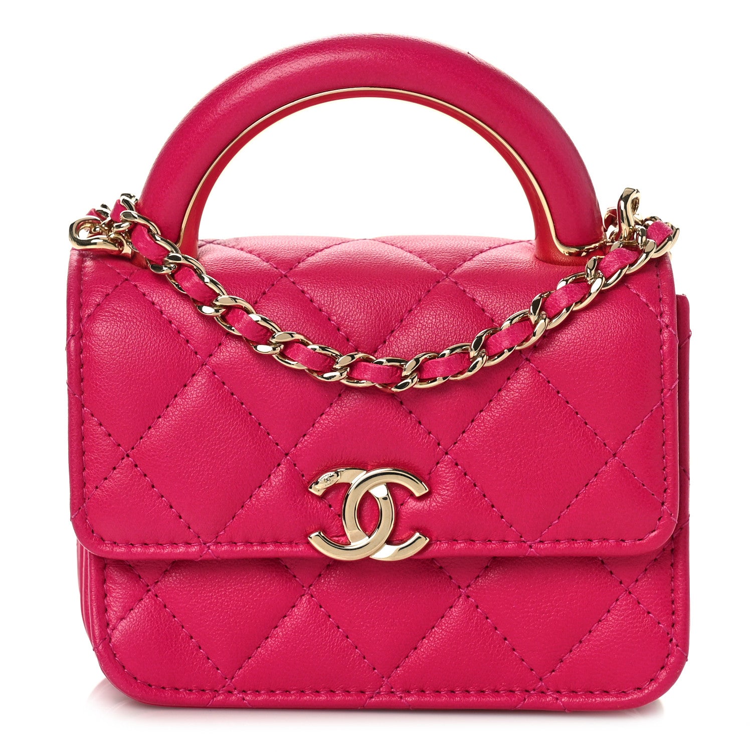 Chanel Lambskin Quilted Top Handle Flap Clutch With Chain Fuchsia 1 of 10