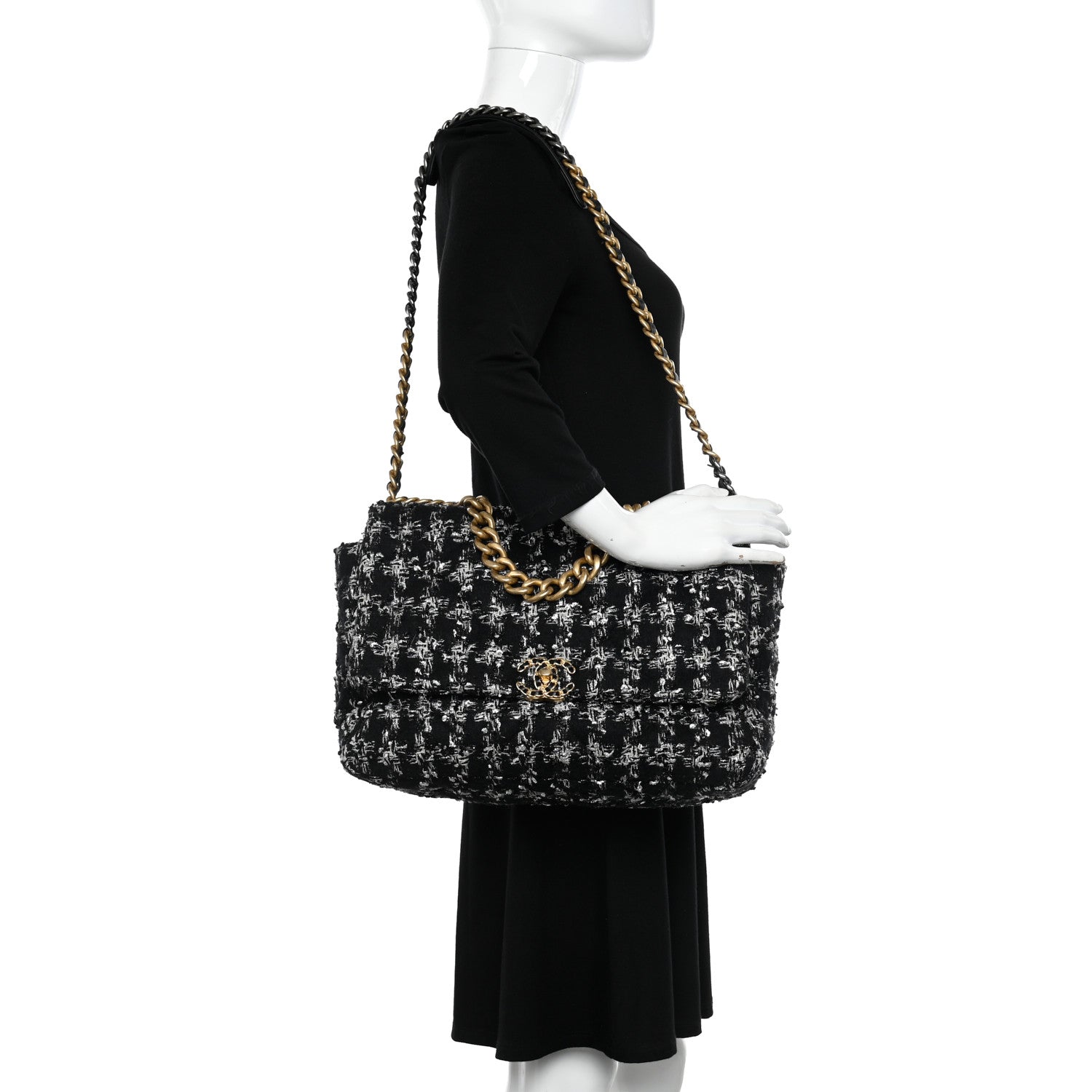Chanel Tweed Quilted Maxi Chanel 19 Flap Black Silver Ecru 2 of 10