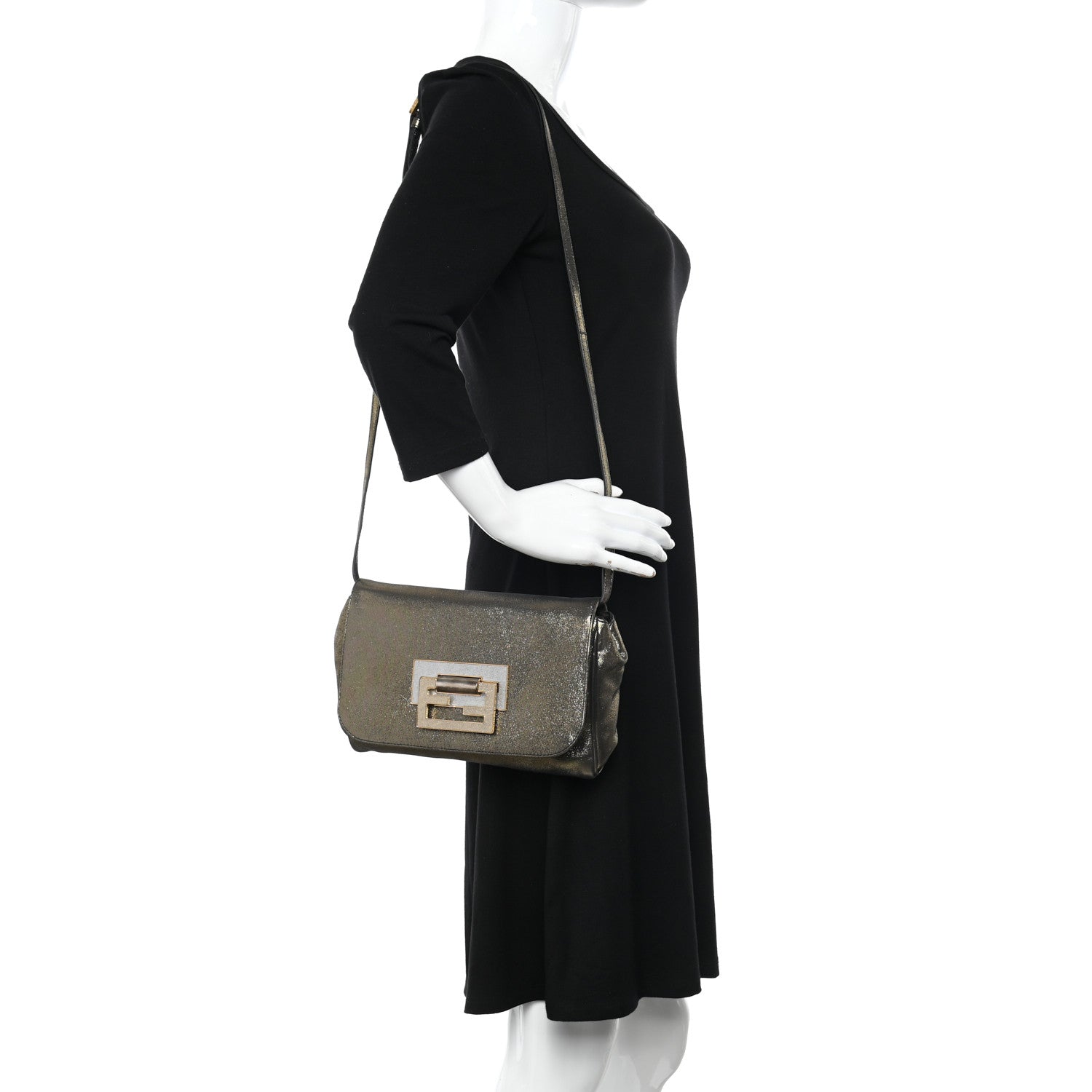 Fendi Metallic Fan Vitello Flap Bag Black Satin Gold 2 of 10