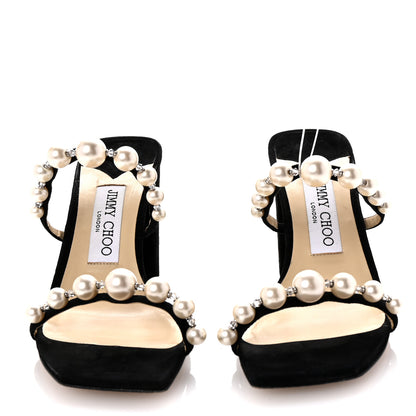 Jimmy Choo Suede Amara 85 Pearl Block Heel Sandals 36.5 Black 3 of 9