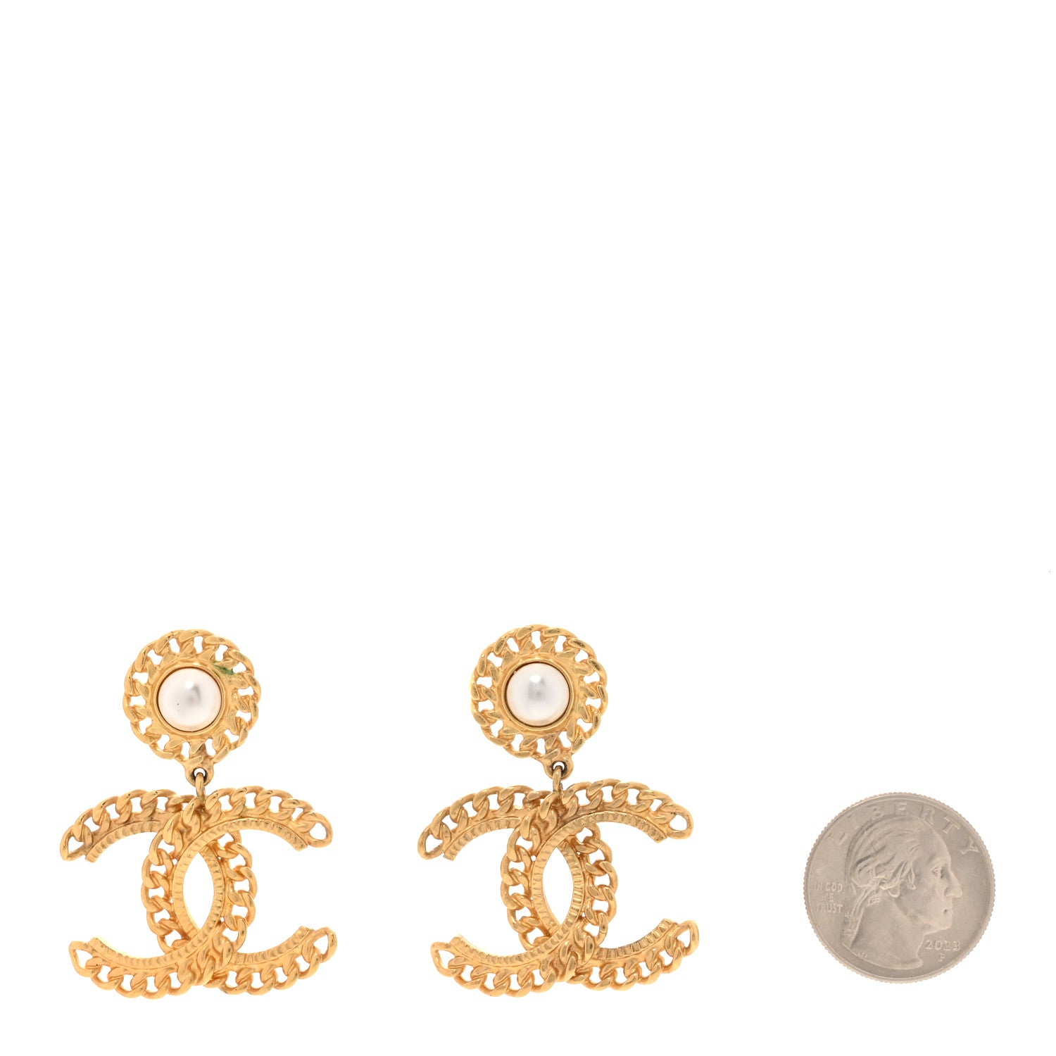 Chanel Metal Pearl CC Chain Drop Earrings Gold 2 of 8