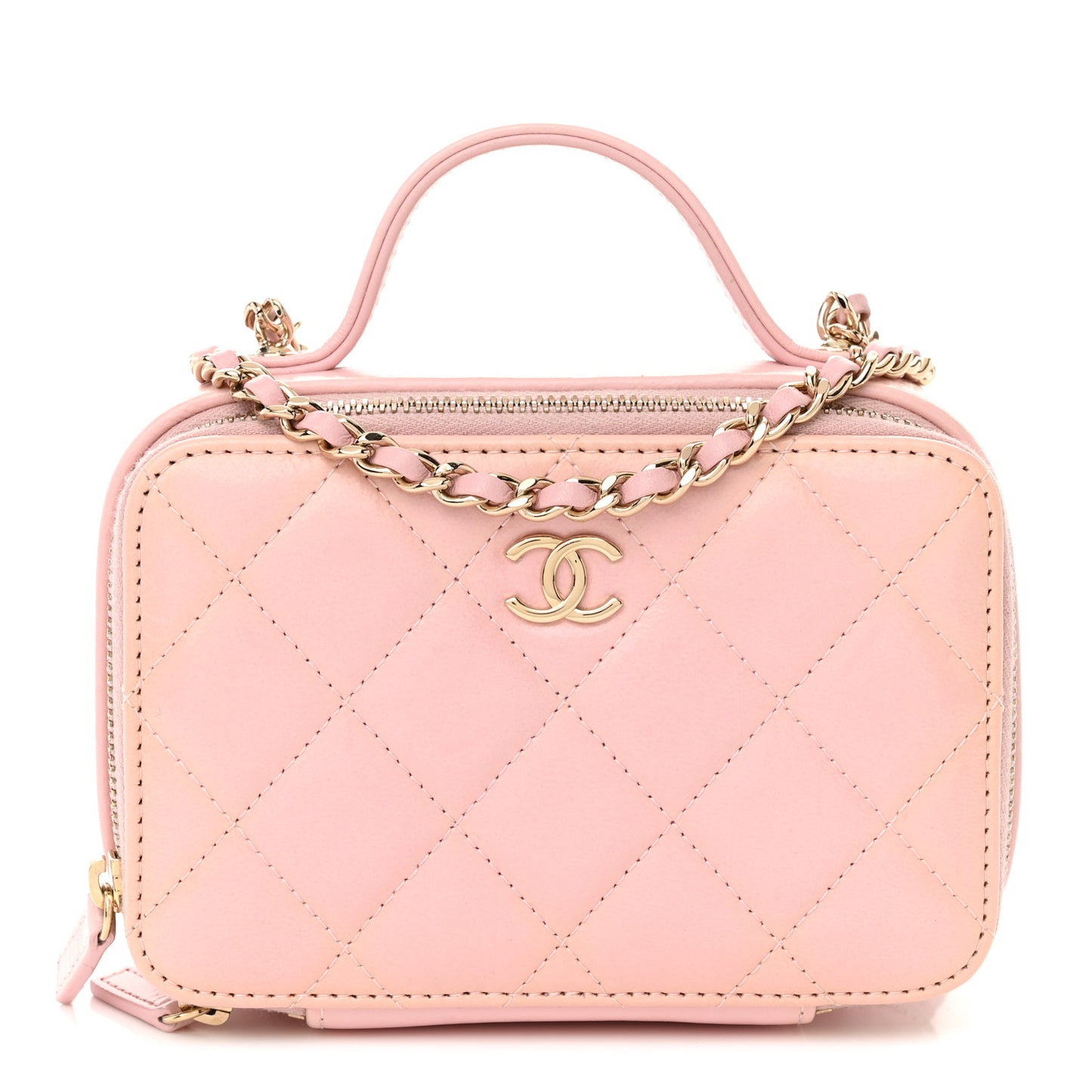 Glazed Calfskin Quilted Small Top Handle Vanity Case Light Pink