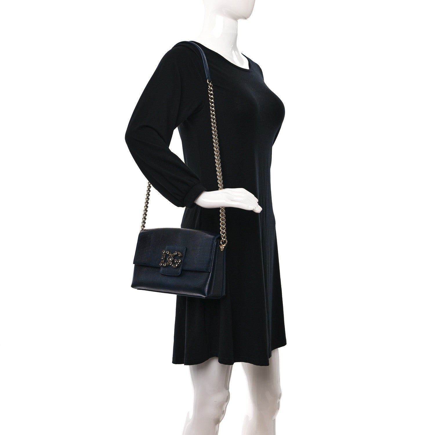 Dolce & Gabbana Stampa Iguana Calfskin Crystal Millennials Chain Shoulder Bag Blue 2 of 11