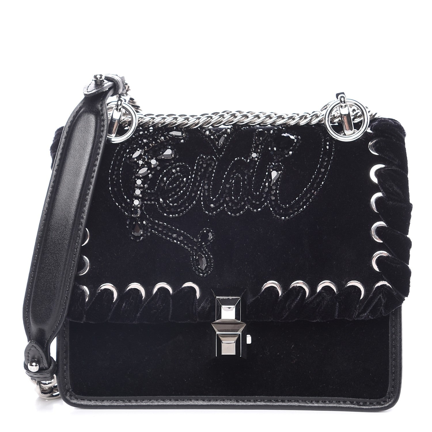 Fendi Velvet Vitello Liberty Crystal Logo Lace Up Small Kan I Shoulder Bag Black 1 of 8