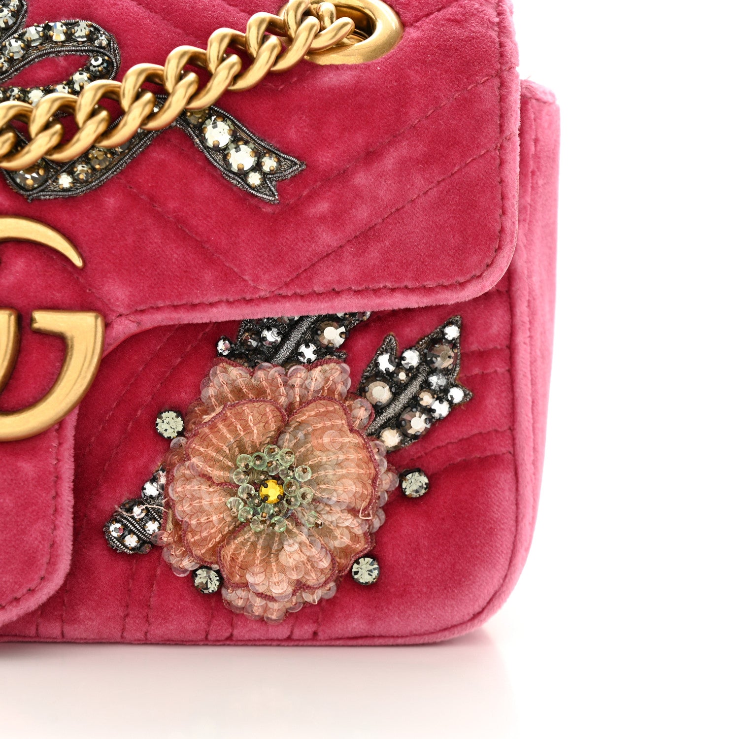 Gucci Velvet Matelasse Embroidered Mini GG Marmont Shoulder Bag Light Raspberry Rose 14 of 16