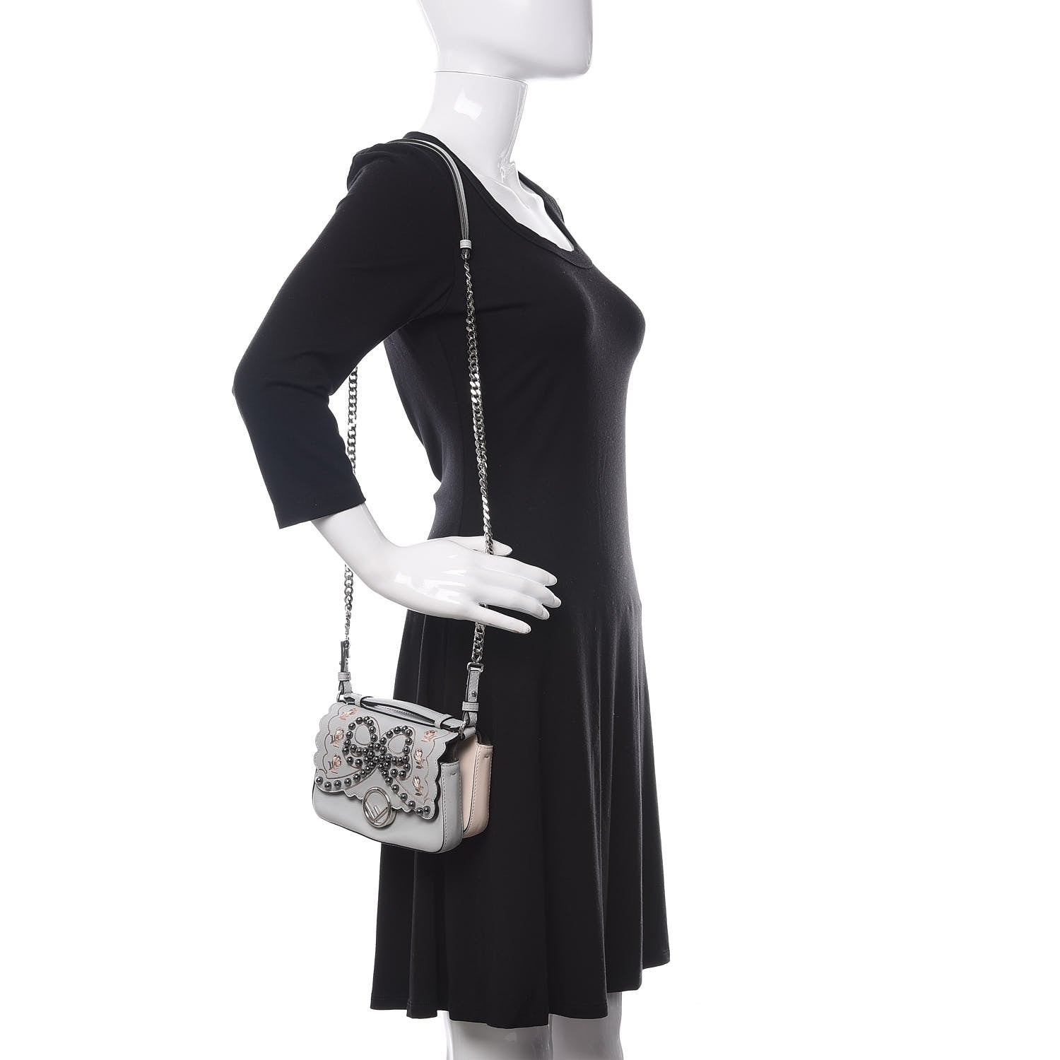 Fendi Vitello Dolce F is Flowers and Bows Scalloped Micro Double Baguette Grigio Perla Camelia 2 of 13