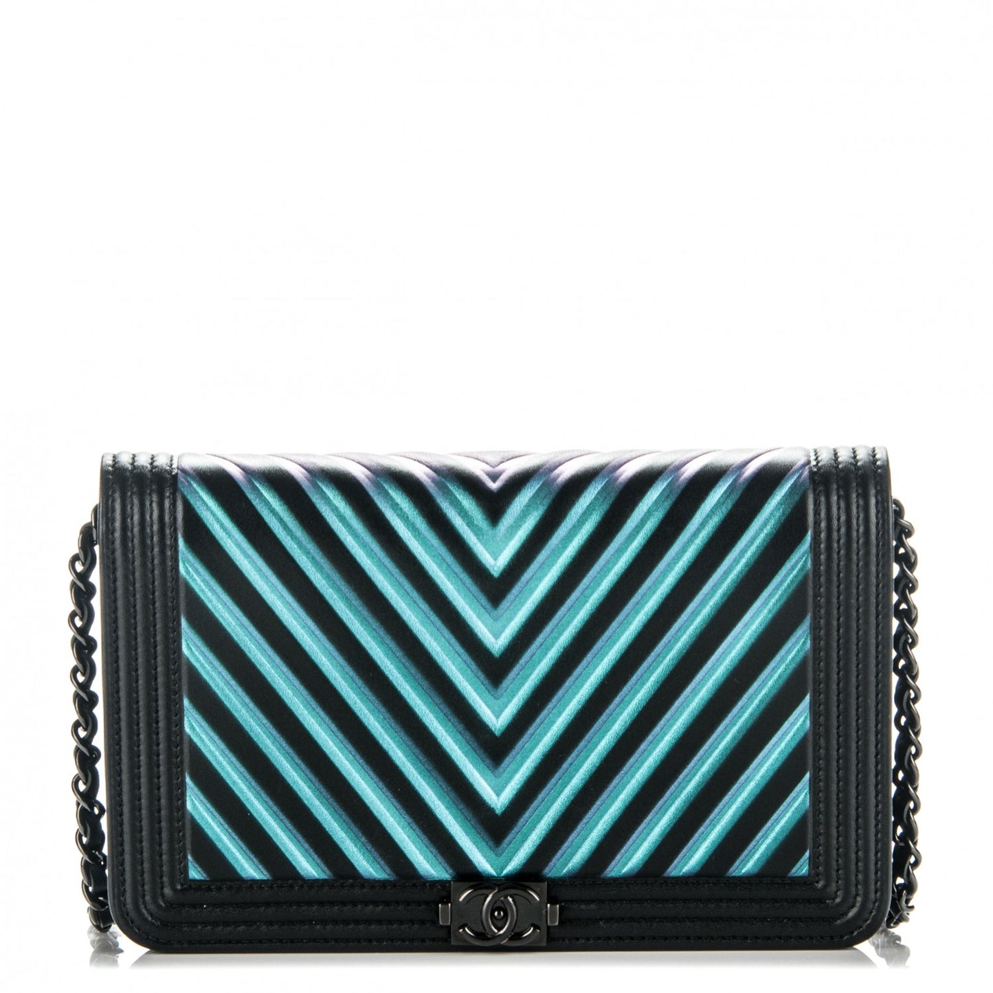 Calfskin Painted Chevron Embossed Boy Wallet On Chain WOC Black