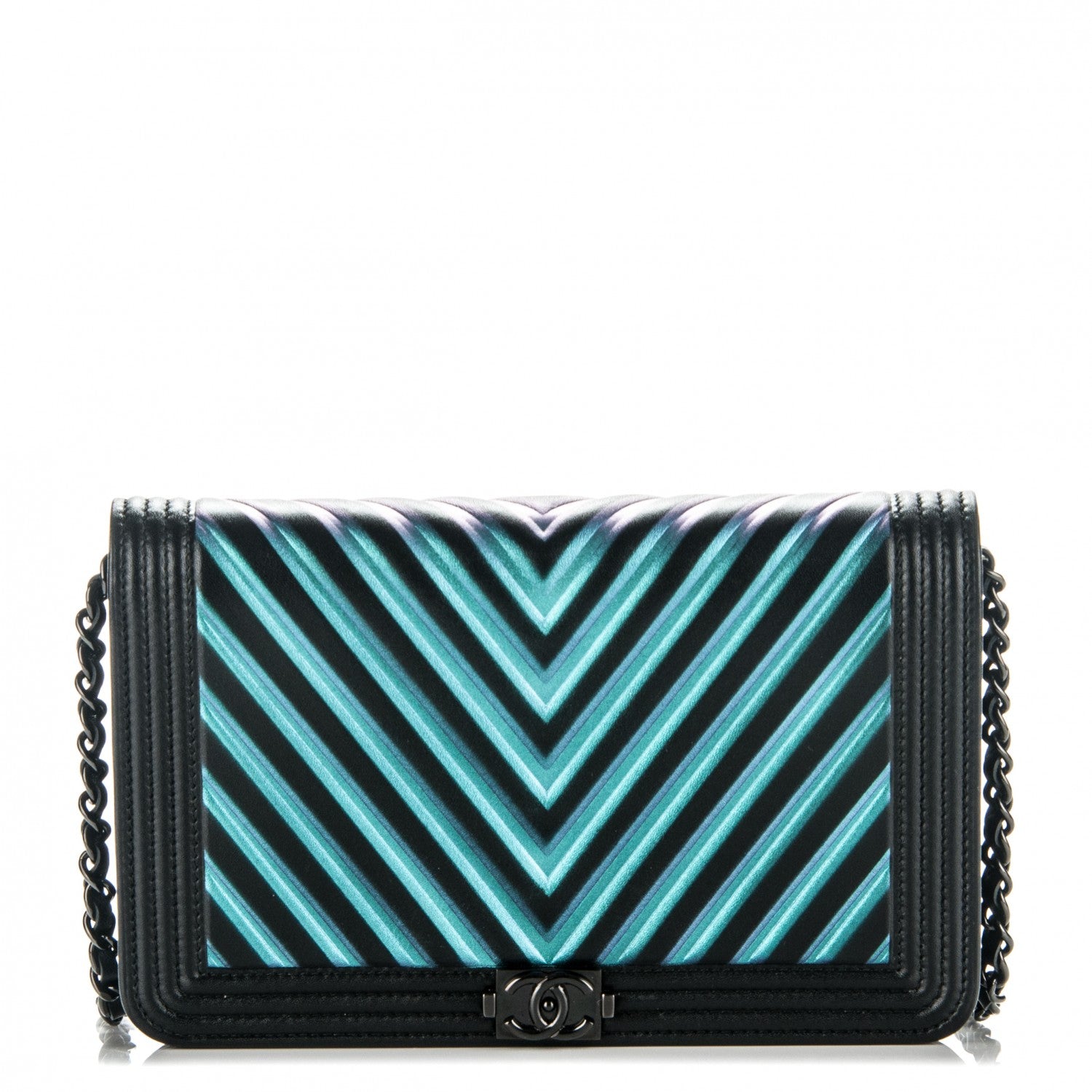 Chanel Calfskin Painted Chevron Embossed Boy Wallet On Chain WOC Black 1 of 9