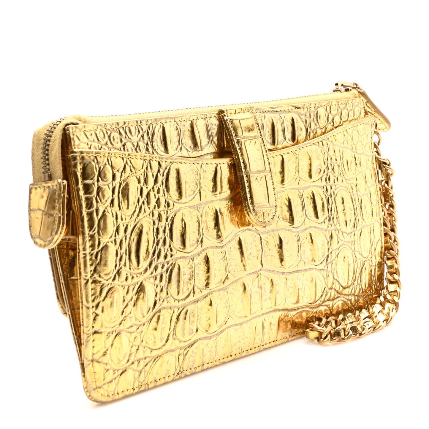 Calfskin Crocodile Embossed Cocodile Pouch With Chain Handle Gold