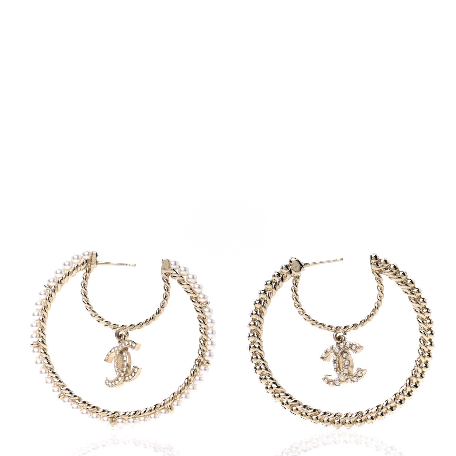Chanel Crystal Pearl CC Drop Hoop Earrings Gold Pearly White 3 of 4