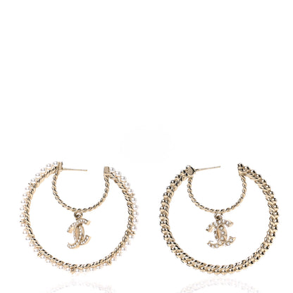 Chanel Crystal Pearl CC Drop Hoop Earrings Gold Pearly White 3 of 4