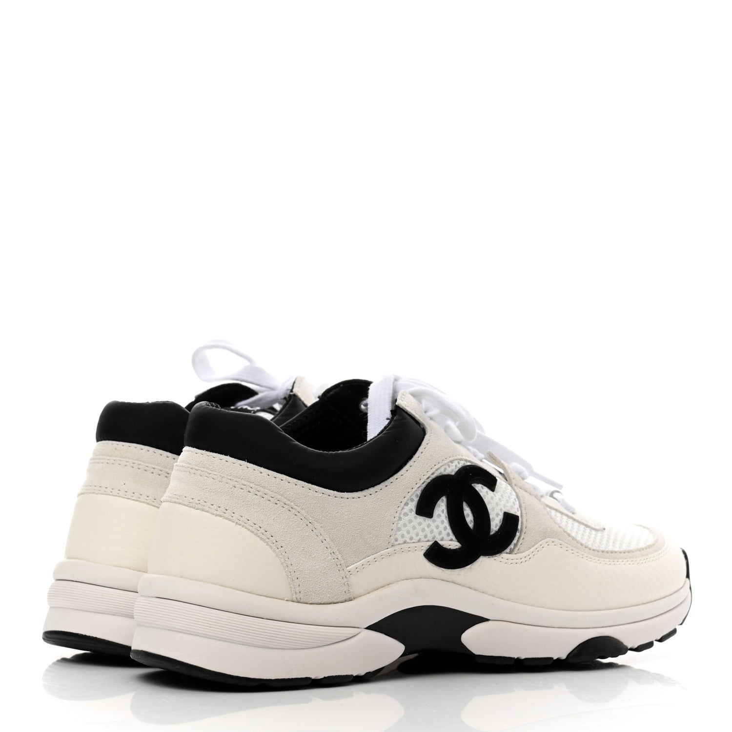 Chanel Mesh Suede Calfskin Grained Calfskin Womens CC Sneakers 37.5 White Black 4 of 6