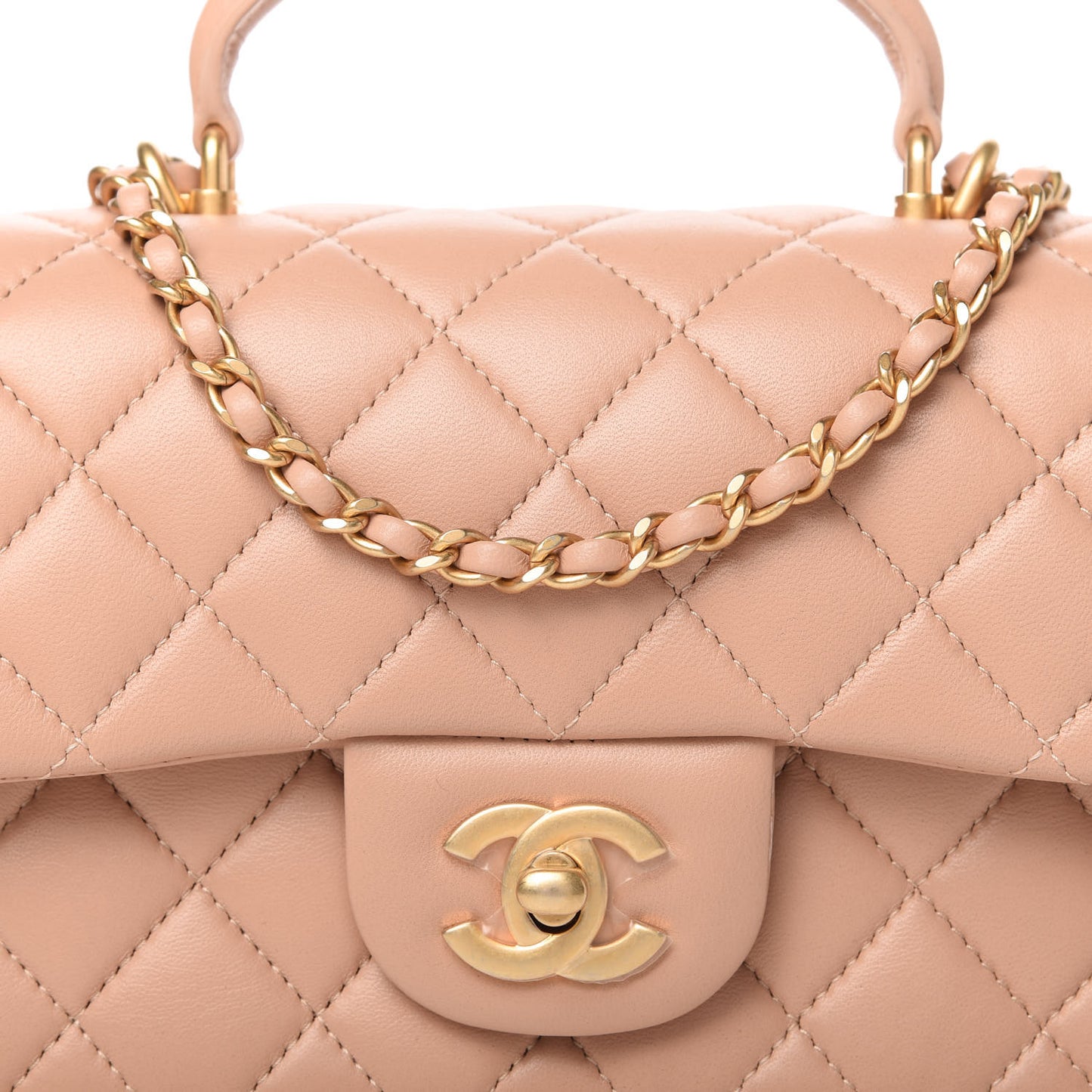 Lambskin Quilted Mini Top Handle Rectangular Flap Beige