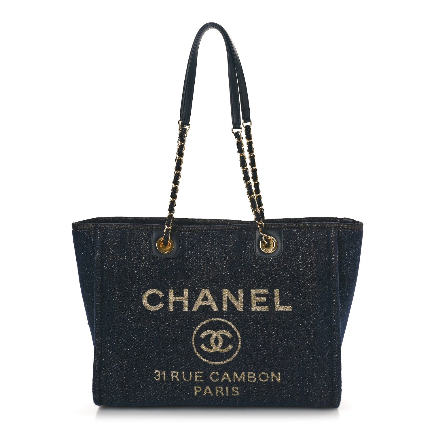 Chanel Lurex Canvas Small Deauville Tote Navy Blue Gold 1 of 13