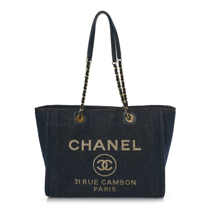 Chanel Lurex Canvas Small Deauville Tote Navy Blue Gold 1 of 13