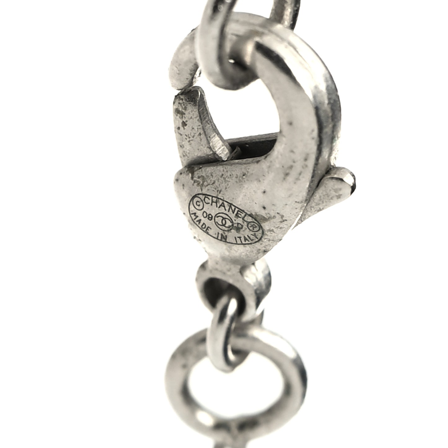 Baguette Crystal Pearl CC Long Necklace Silver