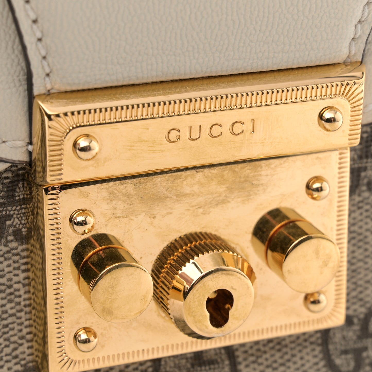 GG Supreme Monogram Calfskin Small Padlock Messenger Shoulder Bag Beige Mystic White Sun Oil