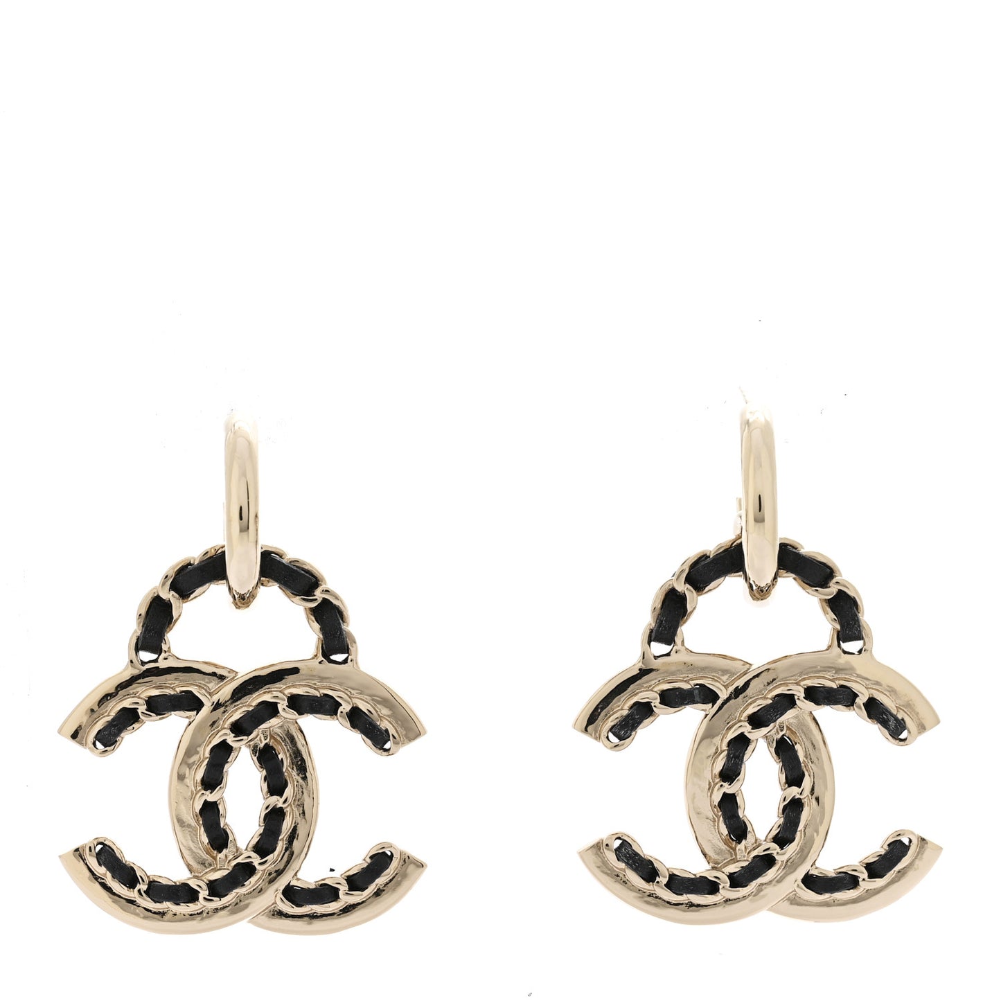 Lambskin Chain CC Drop Earrings Black Gold