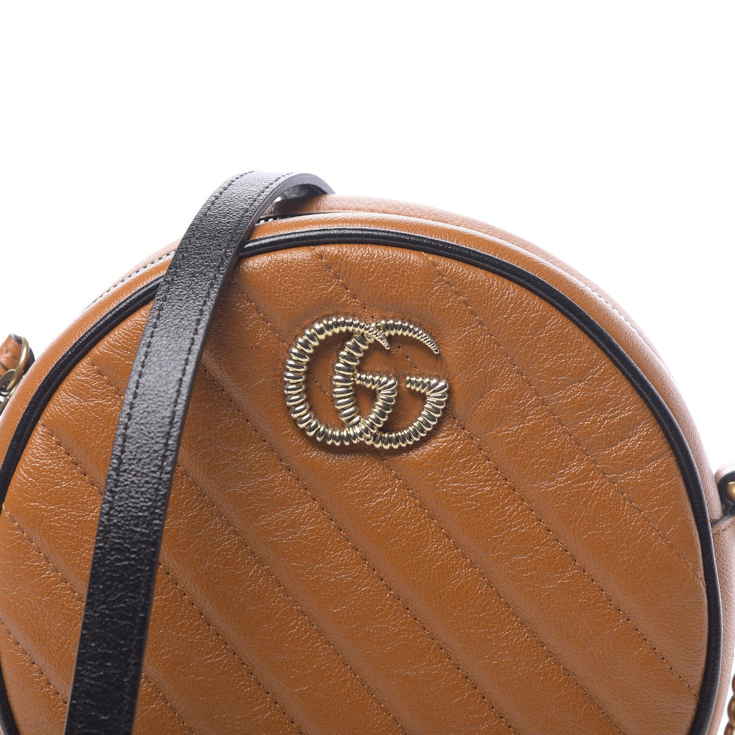 Azalea Calfskin Matelasse Diagonal Mini Torchon GG Marmont Round Shoulder Bag Cognac Black