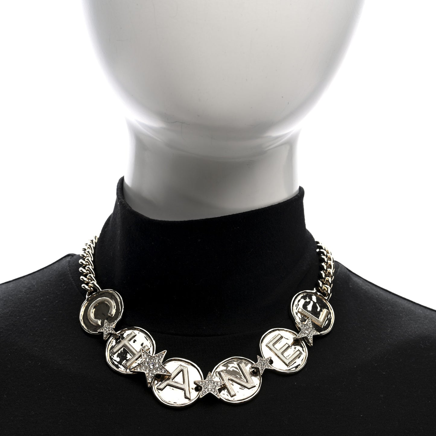 Metal Crystal Textured CC Logo Star Chain Choker Necklace Gold