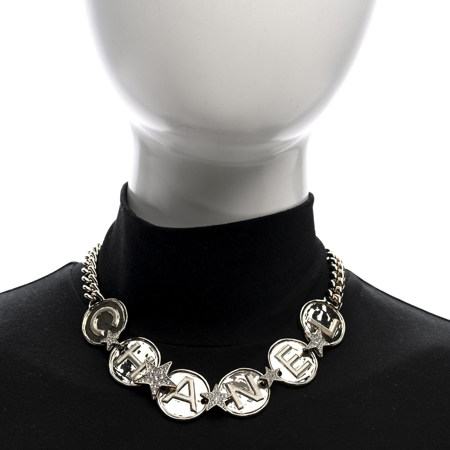 Chanel Metal Crystal Textured CC Logo Star Chain Choker Necklace Gold 2 of 4
