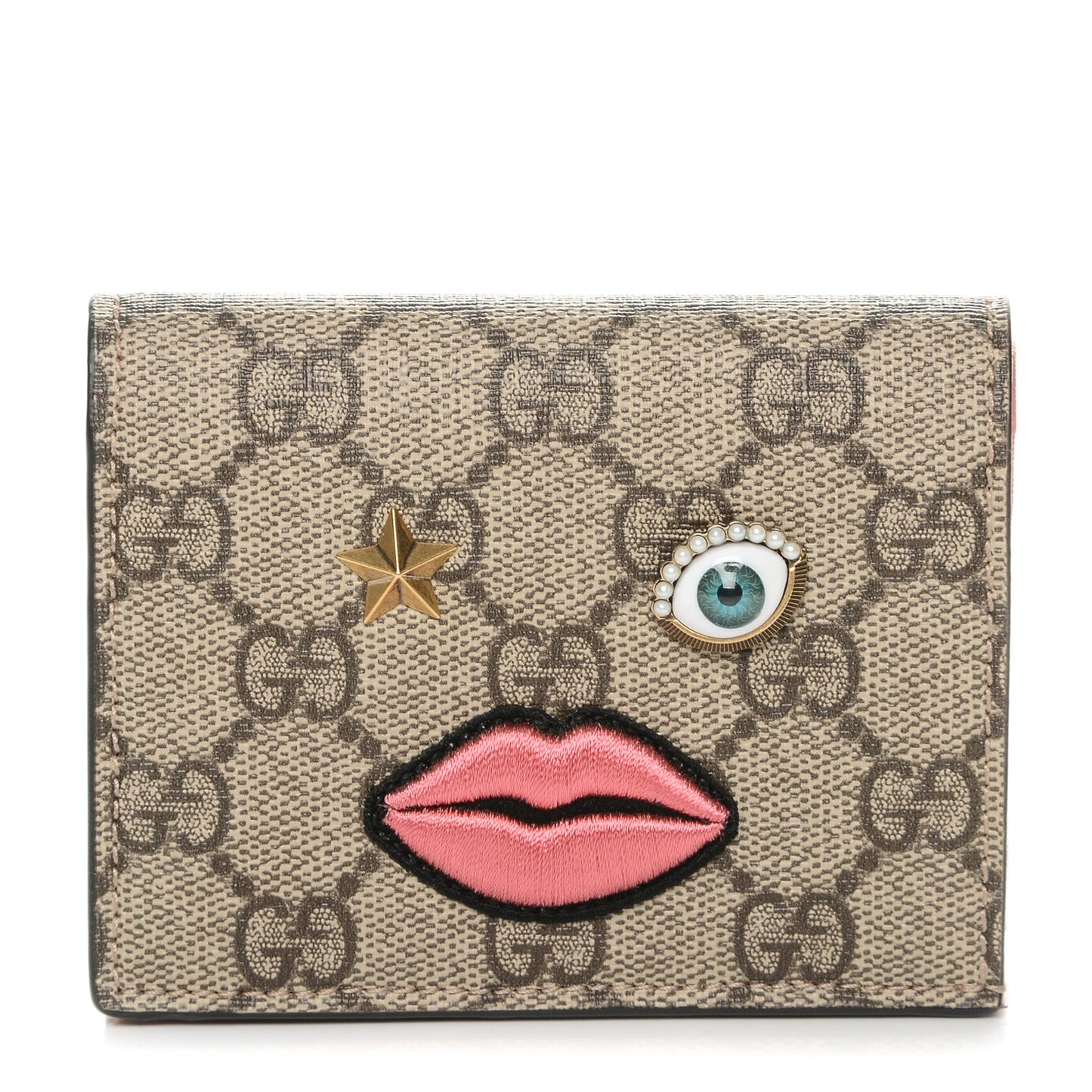 GG Supreme Monogram Face Embroidered Card Case Wallet Pink
