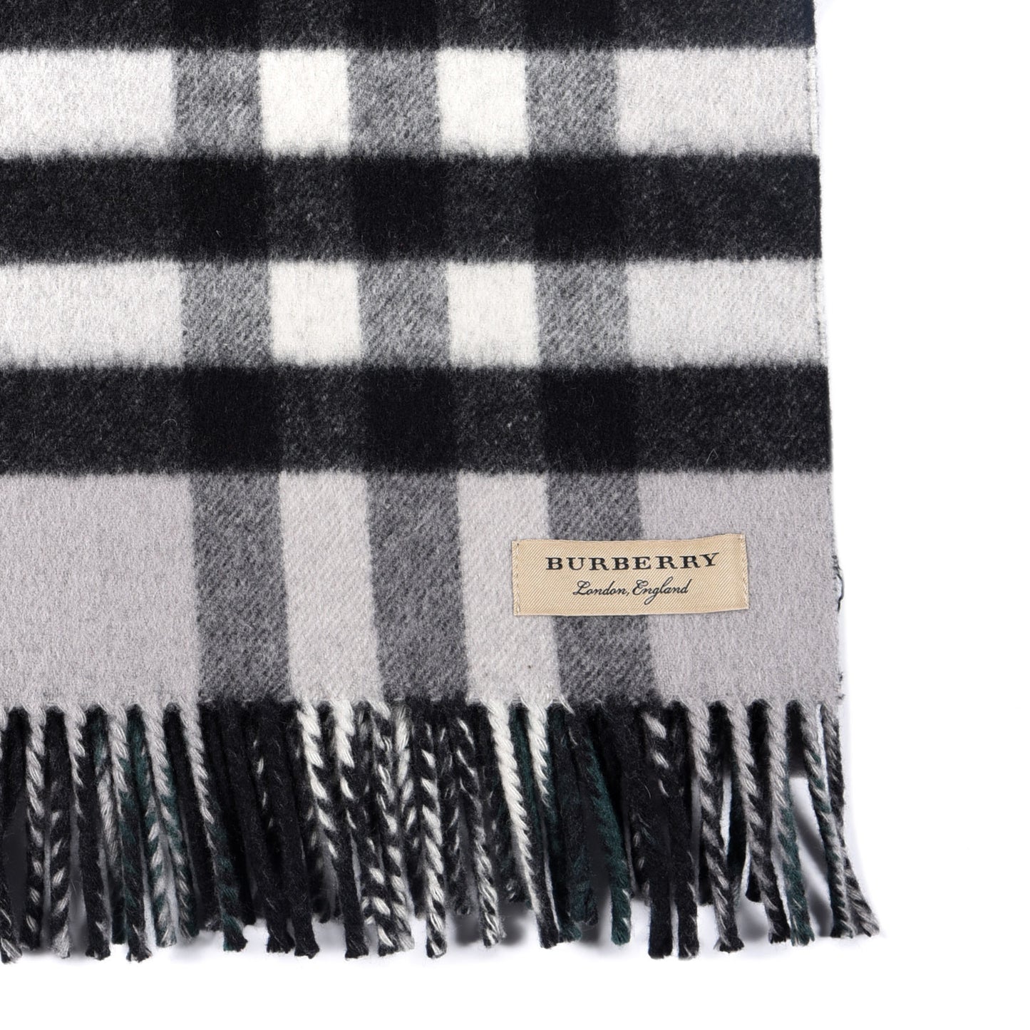 Wool Cashmere Check Striped Fringe Scarf Grey