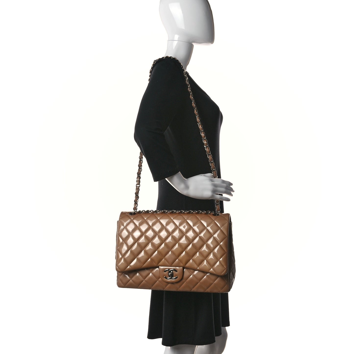 Patent Calfskin Quilted Maxi Double Flap Dark Beige