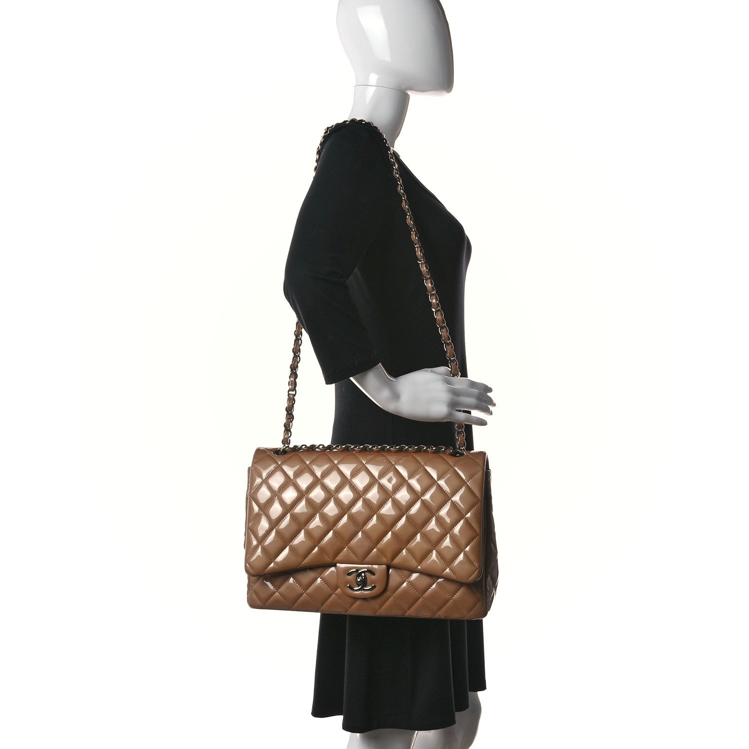 Chanel Patent Calfskin Quilted Maxi Double Flap Dark Beige 2 of 14