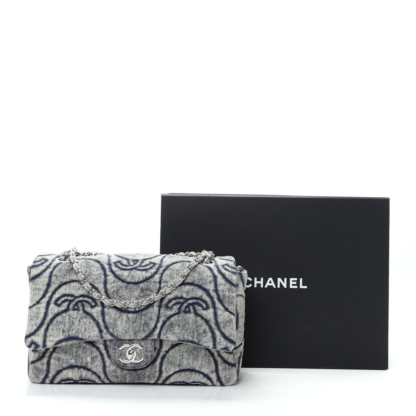 Denim Embossed CC Logo Print Jumbo Single Flap Blue