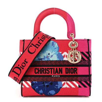 Christian Dior Canvas Embroidered Flower Pop Medium Lady D-Lite Red Pink 1 of 10