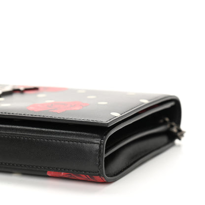 Saint Laurent Calfskin Polka Dot Floral Print Monogram Chain Wallet Black 9 of 9